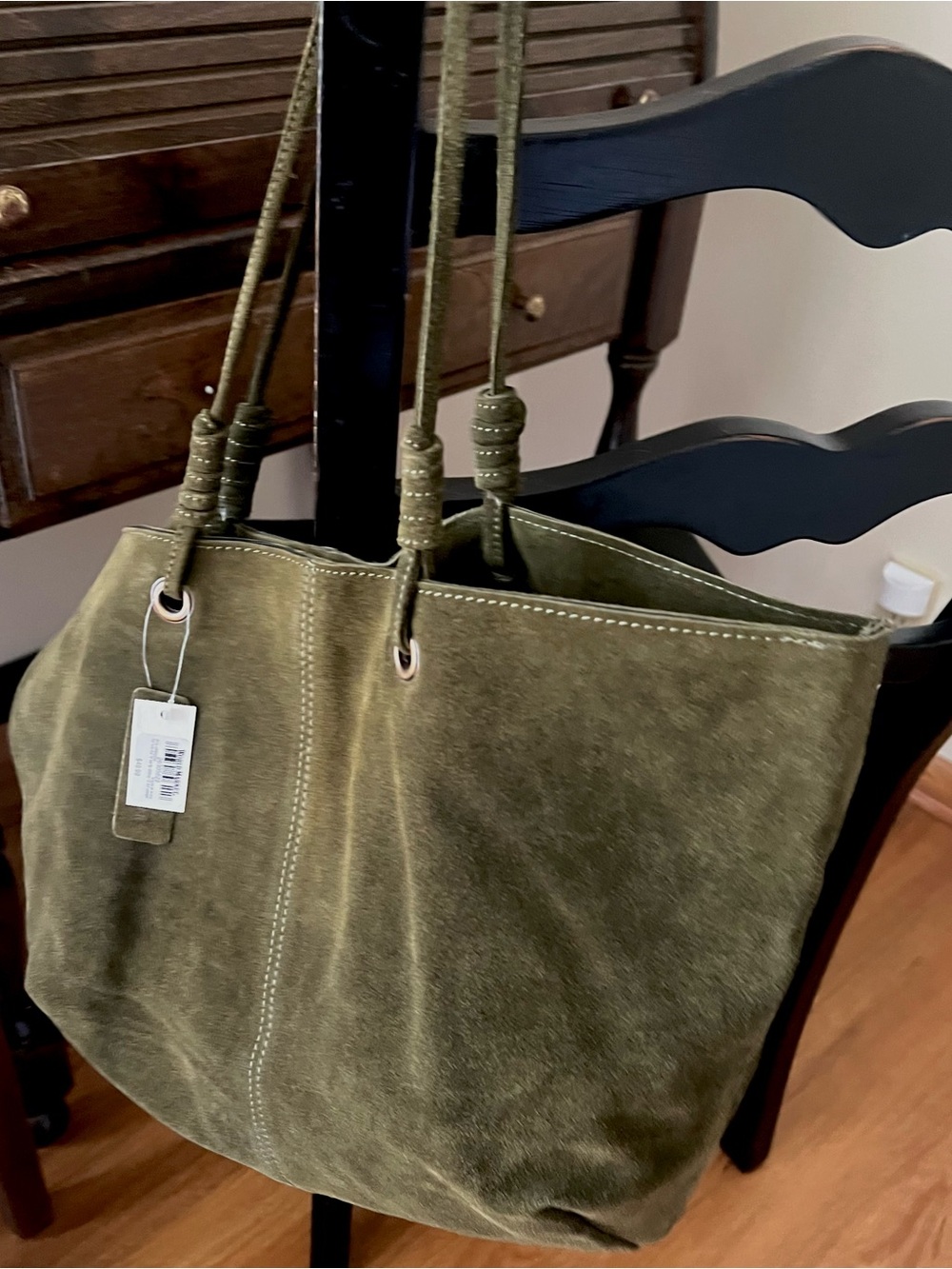 World Market open suede leather tote bag purse olive green perfect for Fall! NEW - Picture 5 of 5